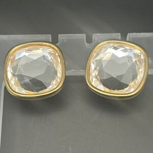 Swarovski Clear Crystal Square Stud‎ Earrings Gold Tone